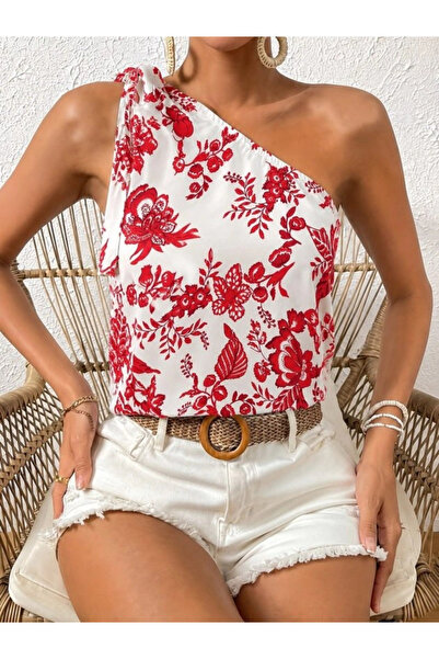 Butik Women's one shoulder bowknot floral print supreme blouse