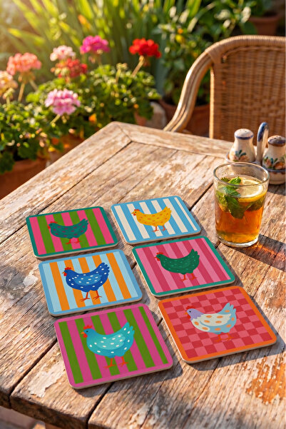 Pixi Print Lab 6’lı Dekoratif Tavuk Desenli MDF Bardak Altlığı