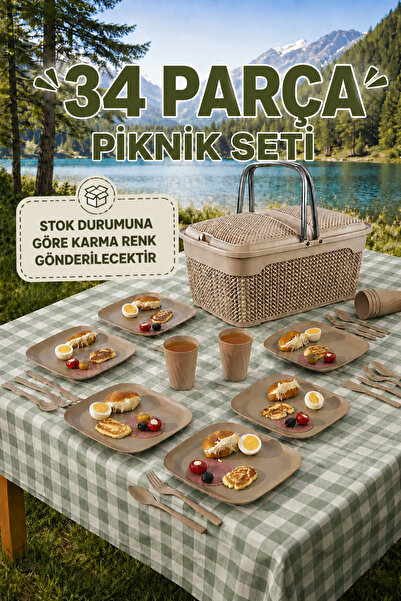 grimorlife 34 Parça Piknik Seti | 30 LT Kapaklı Piknik Sepeti ve 6 Kişilik So...