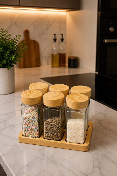 YzHome 300ml Capacity - Set of 6 Bamboo Jars with Stand and Square Spice