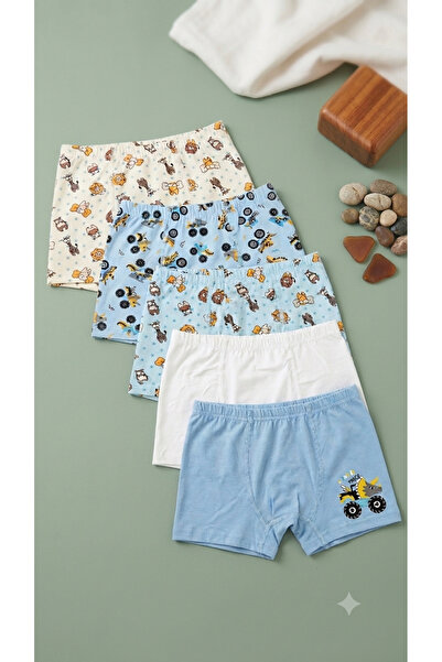 MADALİNA Erkek Çocuk %95 Pamuklu Bej Lacivert Dinazor Desenli 5'li Boxer