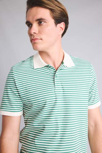 DeFacto Tricou verde polo cu mânecă scurtă, cu dungi, din bumbac, cu croială ...