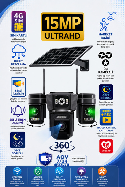 LinaS 4g Solarpanelli 3 Kameralı Güvenlik Kamerası