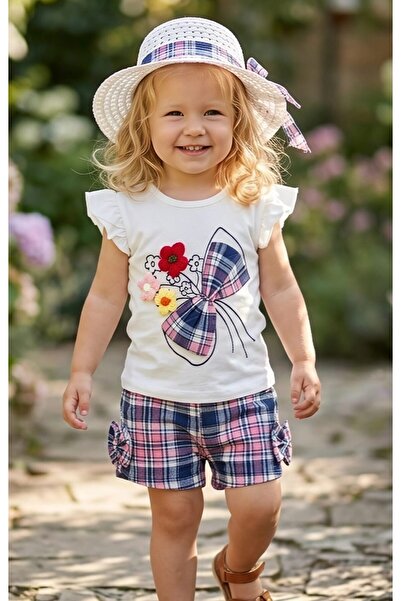 Kısmet baby Girl's Floral Detailed T-Shirt Plaid Shorts Straw Hat Summer Set