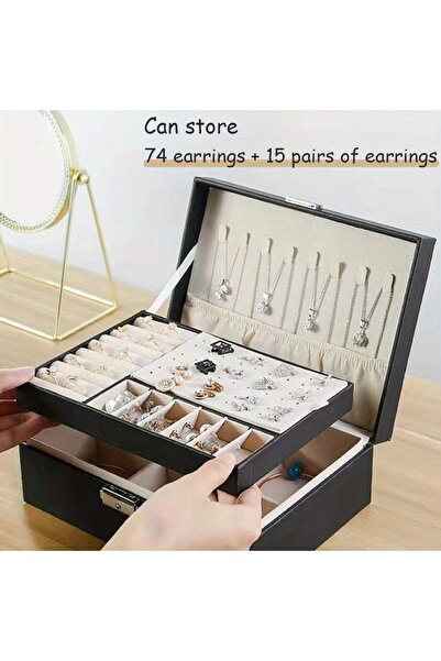 Generic صندوق مجوهرات جديد من طبقتين، أسود، جلد، لتخزين الأقراط، والقلائد، وا...