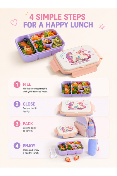 Generic Stackable 5-Grid Lunch Box for Kids, Leakproof Bento Container Equipped with Lids and Sauce Cups for School