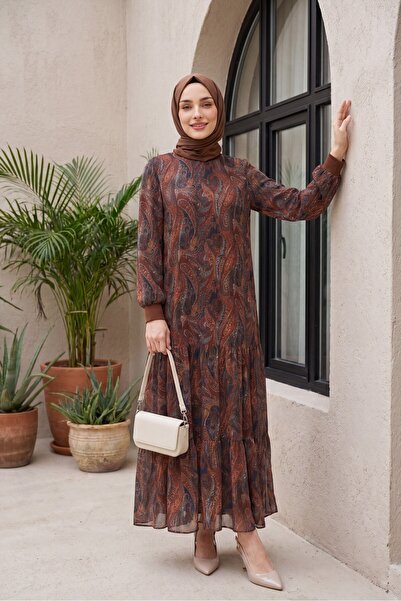 Modamorfo Ethnic Pattern Skirt with Segmented Lining Chiffon Dress -Brown