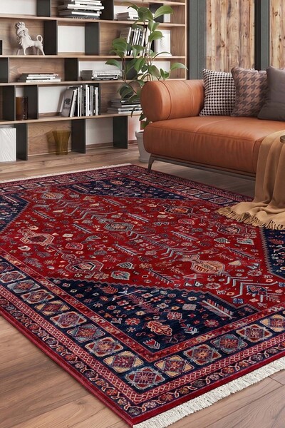 HalınıAl Ahlat 2306 Kırmızı Lacivert Etnik Desenli Salon Oturma Odası Halısı