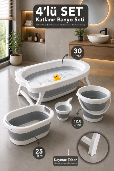 Meleni Baby 4'lü Katlanır Bebek Banyo Seti - Kaymaz Taban Küvet Akordiyon Sep...