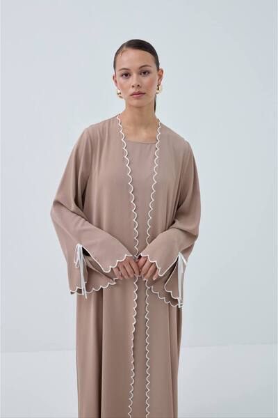 mayar officiall Nakışlı Açık Kahverengi Abaya İkili Takım Abaya