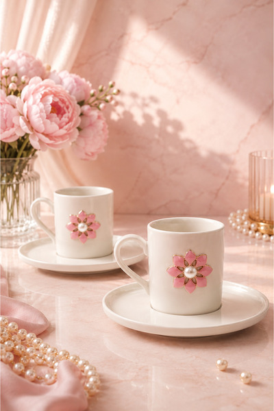 YzHome 2-Person White Porcelain Coffee Cup Set with Pearl Lotus Figure 100ml
