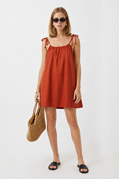 VENA Women's Loren Tie-Up Mini Dress 100% Cotton - Copper
