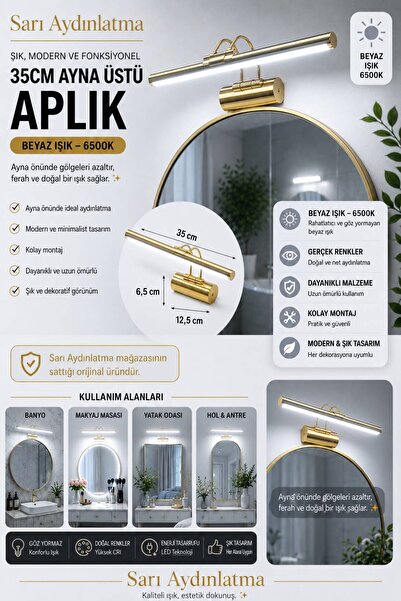 Sarı Aydınlatma 35cm Flüt Aplik Gold Kasa Beyaz Işık