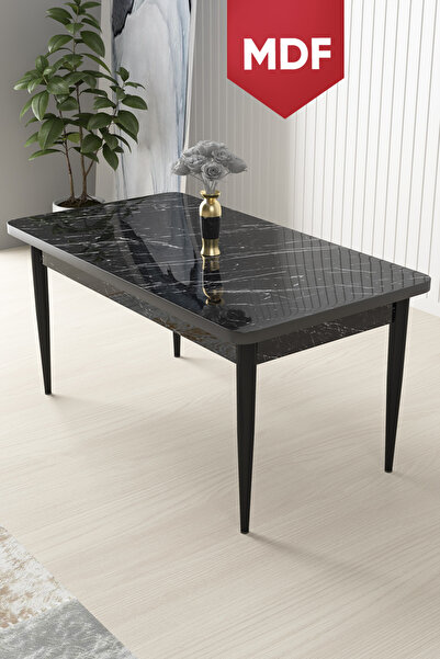 Canisa Nil Serisi Siyah Mermer Desen MDF 70x110 Sabit Yemek Masası Metal Ayak