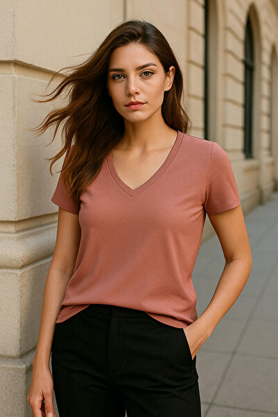 MARKAPIA WOMAN Women's V-Neck Short Sleeve Plain T-Shirt