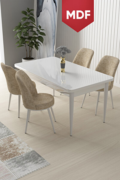 Canisa Nil Serisi 70x110 MDF Sabit Mutfak Masası Takımı Beyaz Masa 4 Krem San...