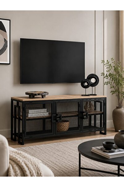 Uyan Ev Ürünleri 120 CM DEKORATİF TV SEHPASI METAL GÖVDELİ AHŞAP TABLALI KAPA...