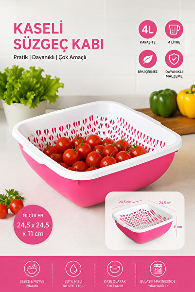 Melkan Home Çok Amaçlı Süzgeç 4 Litre Süzgeçli Kase Süzgeç + Kare Kase 4 Litr...