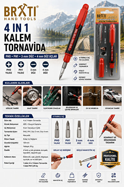 BEMA TOOLS 4 IN 1 KALEM TORNAVİDA PH0 PH1 Yıldız 3mm 4mm Düz Uçlar