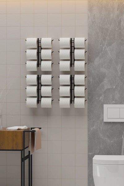 zabata Adhesive 6-piece toilet paper holder hanger matte black metal toilet paper organizer
