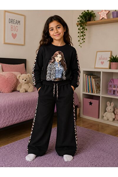 Fil Kids Devojčice, 100% pamuk, crni leopard print, komplet trenerke sa dugim...
