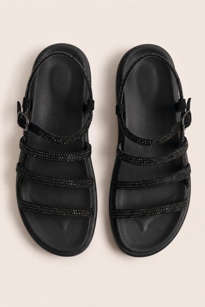 VestioStore Shine Kadın Siyah Parlak Taşlı Çok Bantlı Konfor Taban Günlük Yaz...