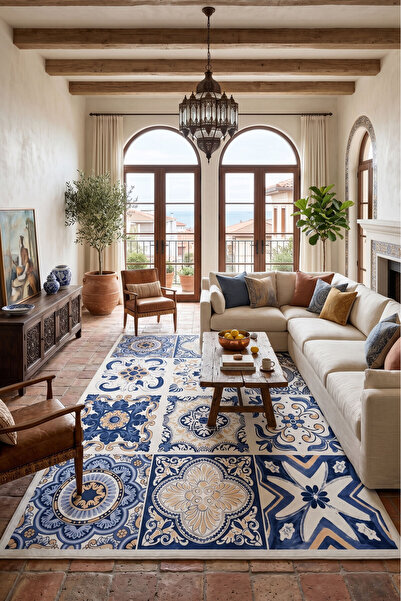 blcmoda Bodrum Mavisi Çini Desen Modern Süngerli Kaymaz Taban Halı Kilim