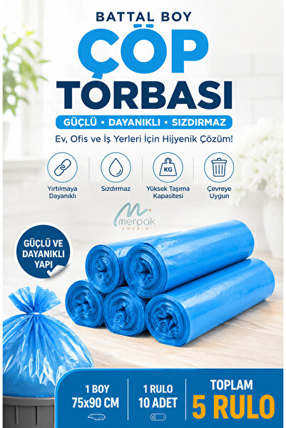 Merpak Ambalaj Çöp Torbası Battal Boy 10'lu X 5 Rulo Mavi Çöp Poşeti 75x90 Cm