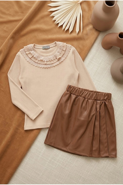 meyastore Girl's Suit with Ribbed Blouse and Leather Skirt