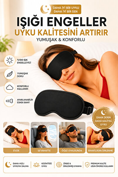 TUMKE Uyku Bandı Işık Geçirmez Siyah Yumuşak Kumaş Uyku Maskesi Göz Bandı Göz...