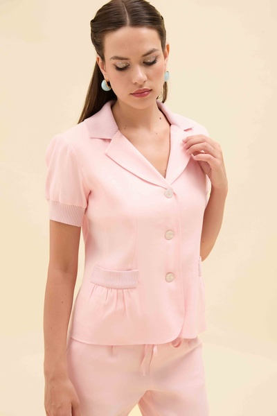 gold fairy TRİKO DETAYLI KISA KOLLU KETEN BLAZER CEKET