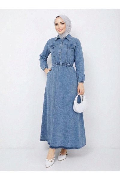 Eseyti Kadın Klasik Yaka Cepli Ve Düğmeli Denim Uzun Elbise
