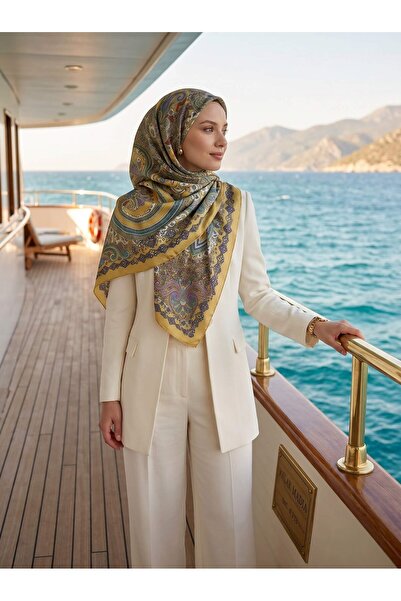 Vissona 100% İpek Etro Desenli Gold - Mor Renkli 92x210 Şal