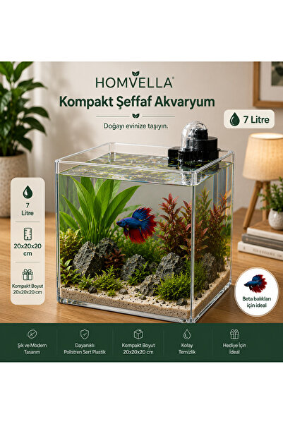 HOMVELLA Kristal küp nano akvaryum & Beta fanusu/ 20×20×20 7 lt küp Akvaryum