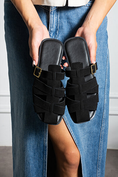 diya shoes Papuci de damă Pimela din piele intoarsa neagra cu accesorii aurii...