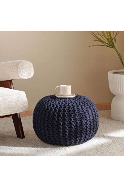 PAN HOME Vivian Cable Knit Round Pouf 50x50x40 Cm- Blue