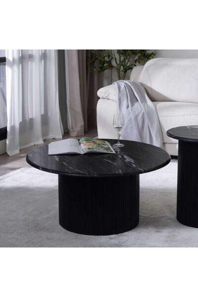 PAN HOME طاولة قهوة بوفيرا رخام أسود خشب أسود