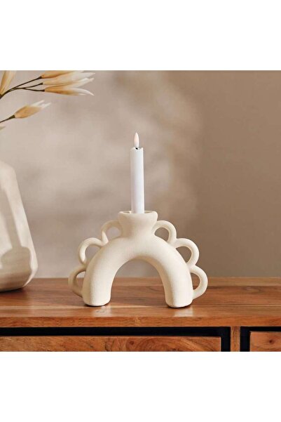 PAN HOME حامل شموع صغير من الخزف الحجري 23x8x15.2 سم - كريمي