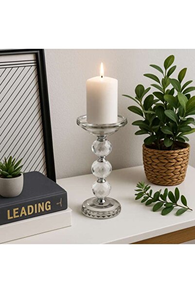 PAN HOME Crystal Pillar Candle Holder 10x10x19.5cm- Smoked Grey