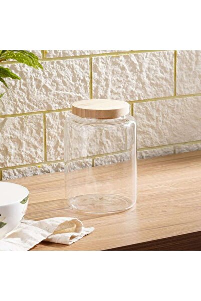 PAN HOME برطمان زجاجي من ريكا بغطاء من الخيزران سعة 1.2 لتر - شفاف
