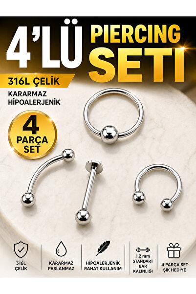 Karınca Piercing 4'lü Piercing Seti Her Bölge İçin Cerrahi Çelik İlk Delim Pi...