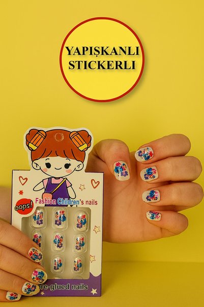 TOYFEST 12 li Yapışkan Stickerlı Renkli Baskılı Çocuk Takma Tırnak Oyuncak Se...