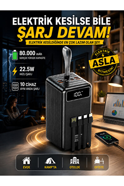 ÇELİKWORK 80000mAh 22.5W Hızlı Şarj Powerbank Dijital Göstergeli Dahili Light...