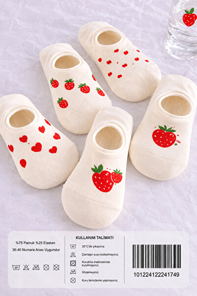 Hitit Socks Șosete de damă, 5 perechi, din bumbac, cu model căpșuni și inimio...