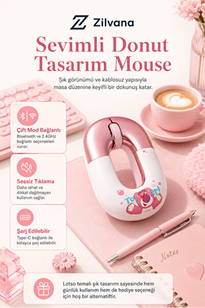 Zilvana Disney Özel Serisi Sevimli Pembe Donut Tasarım Kablosuz Mouse Sessiz ...