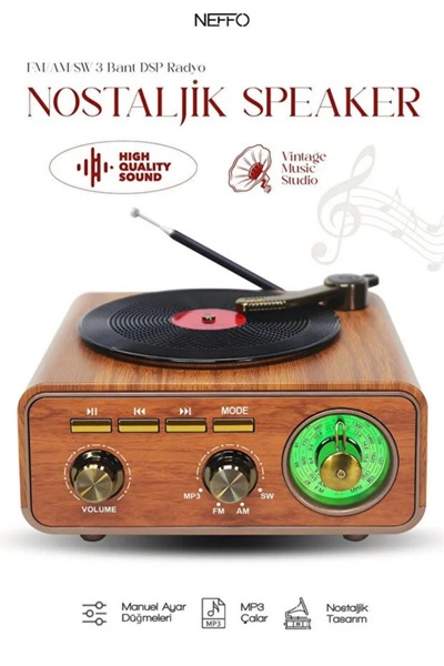 NEFFO Retro Nostaljik Ahşap Pikap & Bluetooth Hoparlör – Plak Çalar Görünümlü...