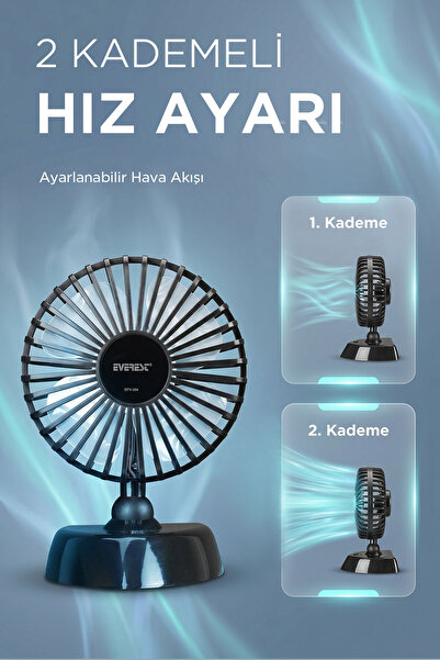 Everest Efn-504 360 Derece Dönüş Çift 2 Kademeli 3200rpm Taşınabilir Mini Masaüstü Siyah Usb Fan Vantilatör
