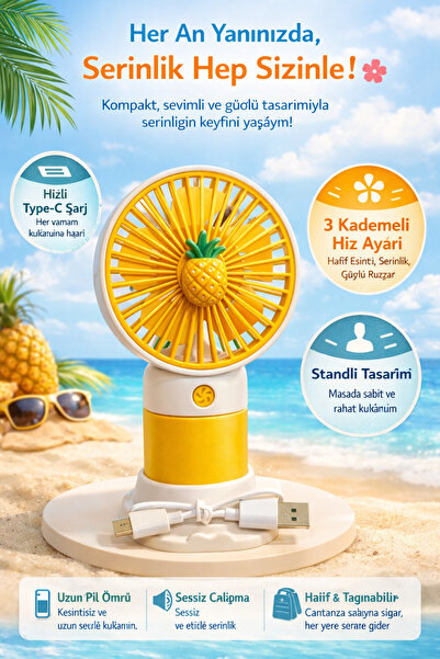 fitfiyat Mini Taşınabilir Sarı-Beyaz Meyve Figürlü Sessiz El Fanı 3 Hız Ayarl...