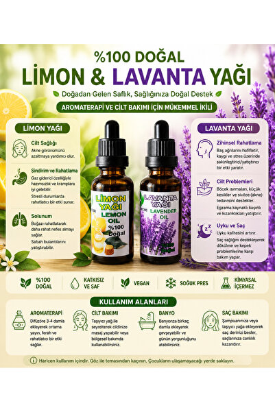 ORGANICYOU زيت ليمون عشبي طبيعي 100% 30 مل + زيت لافندر 30 مل معًا