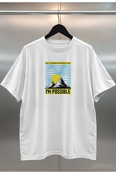 buzagi tasarım ürünleri I'M Possible Digital Print Oversize Unisex White T-Shirt